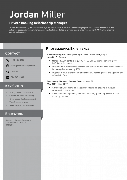 Private Banking Relationship Manager Resume Example