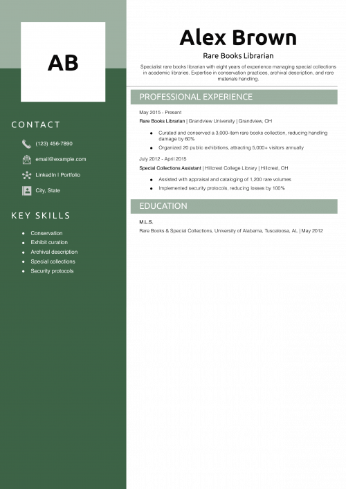 Rare Books Librarian Resume Example