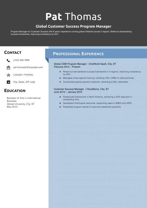  Global Customer Success Program Manager Resume Example 