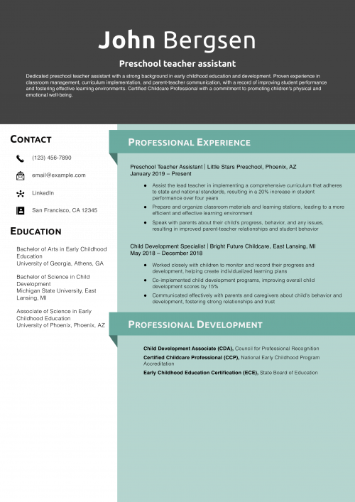 Preschool teacher assistant Resume Example