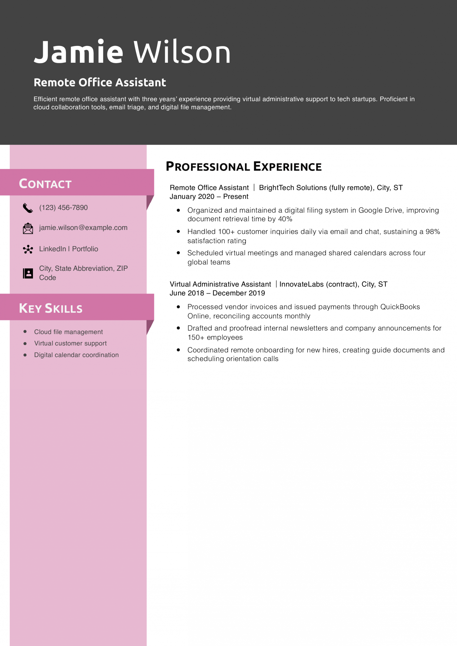 Remote Office Assistant Resume Example 