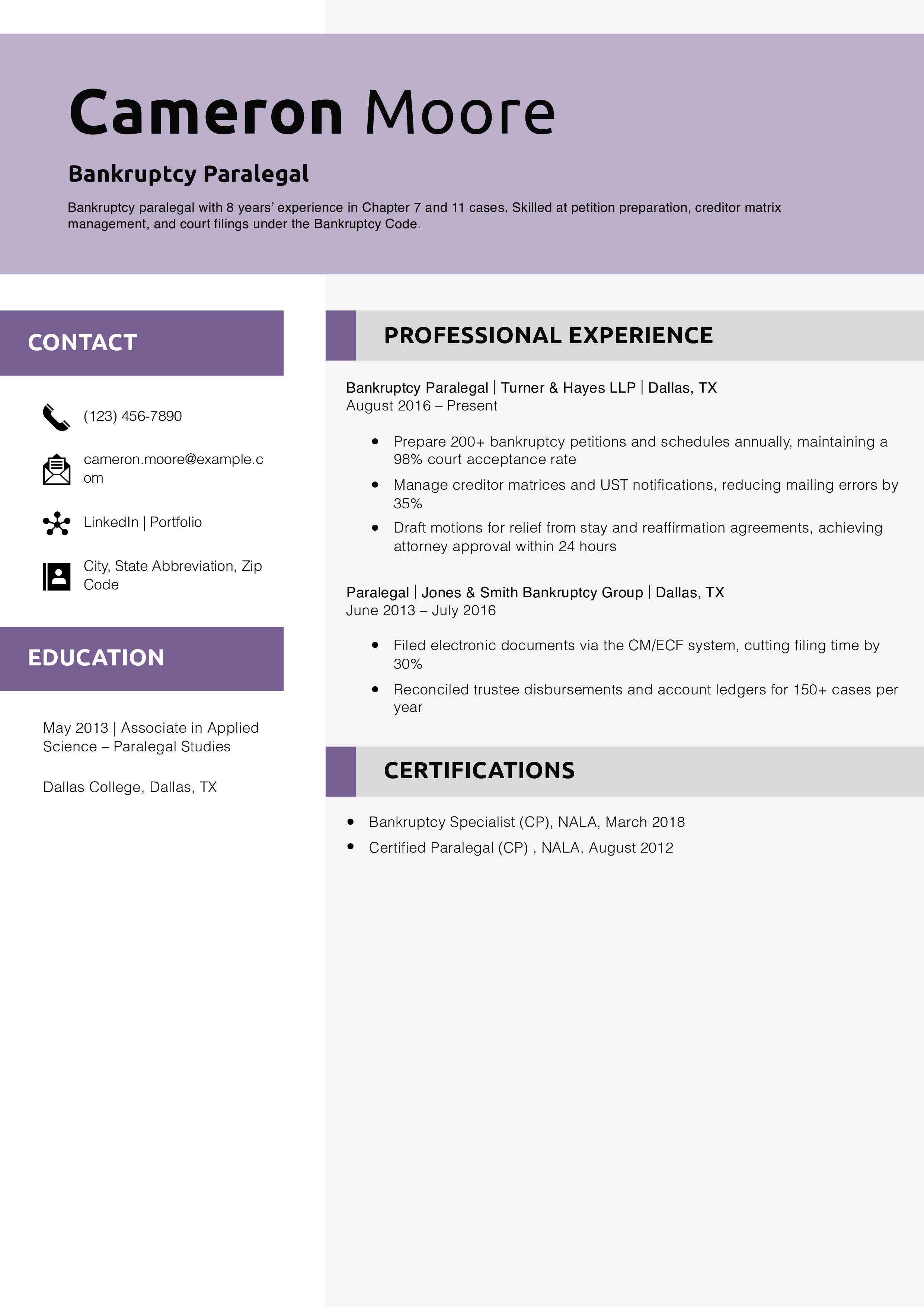 Bankruptcy Paralegal Resume Example