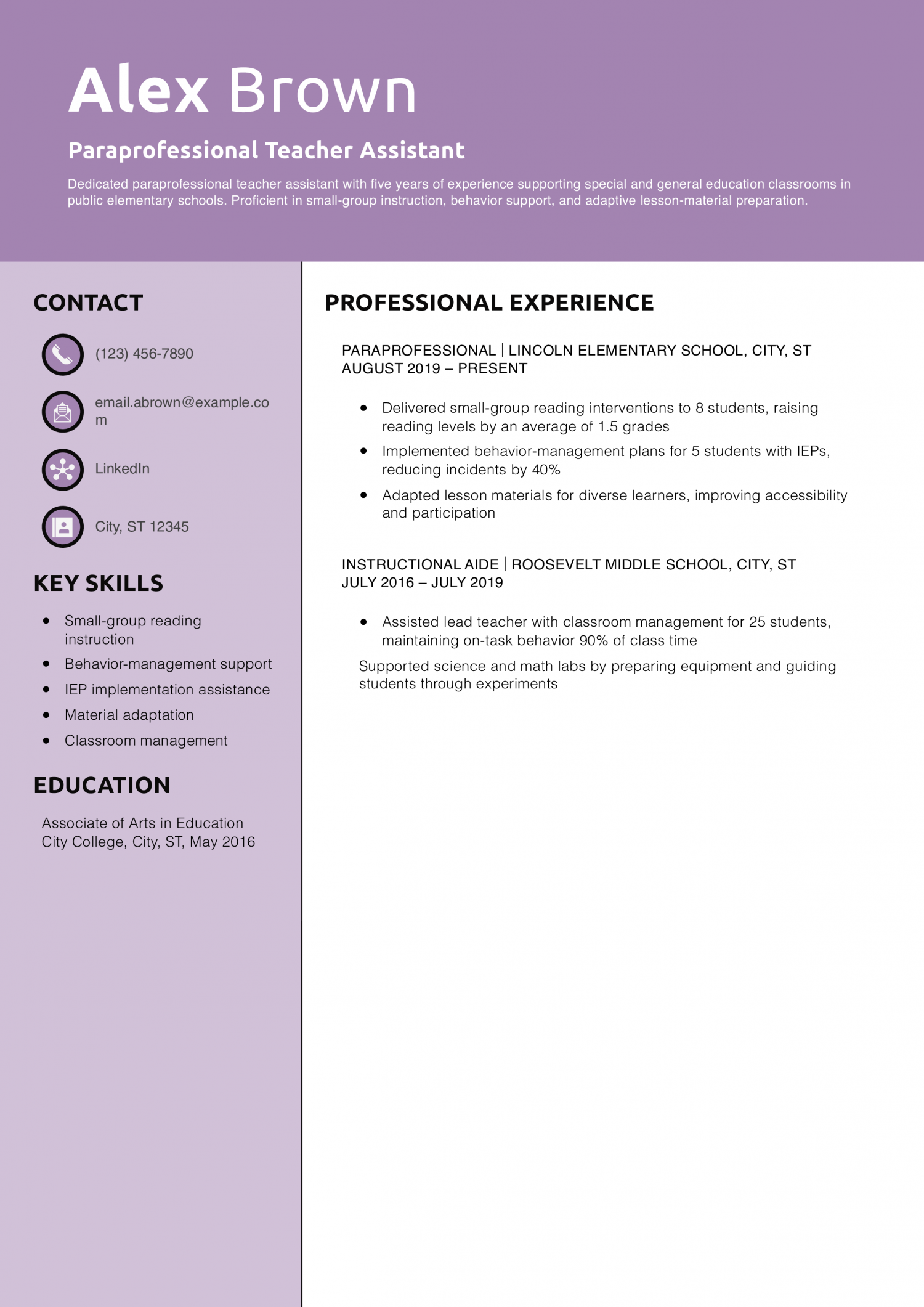 Paraprofessional Teacher Assistant Resume Example