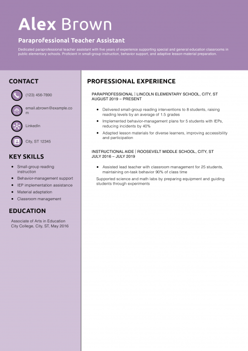 Paraprofessional Teacher Assistant Resume Example