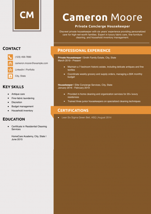 Private Concierge Housekeeper Resume Example