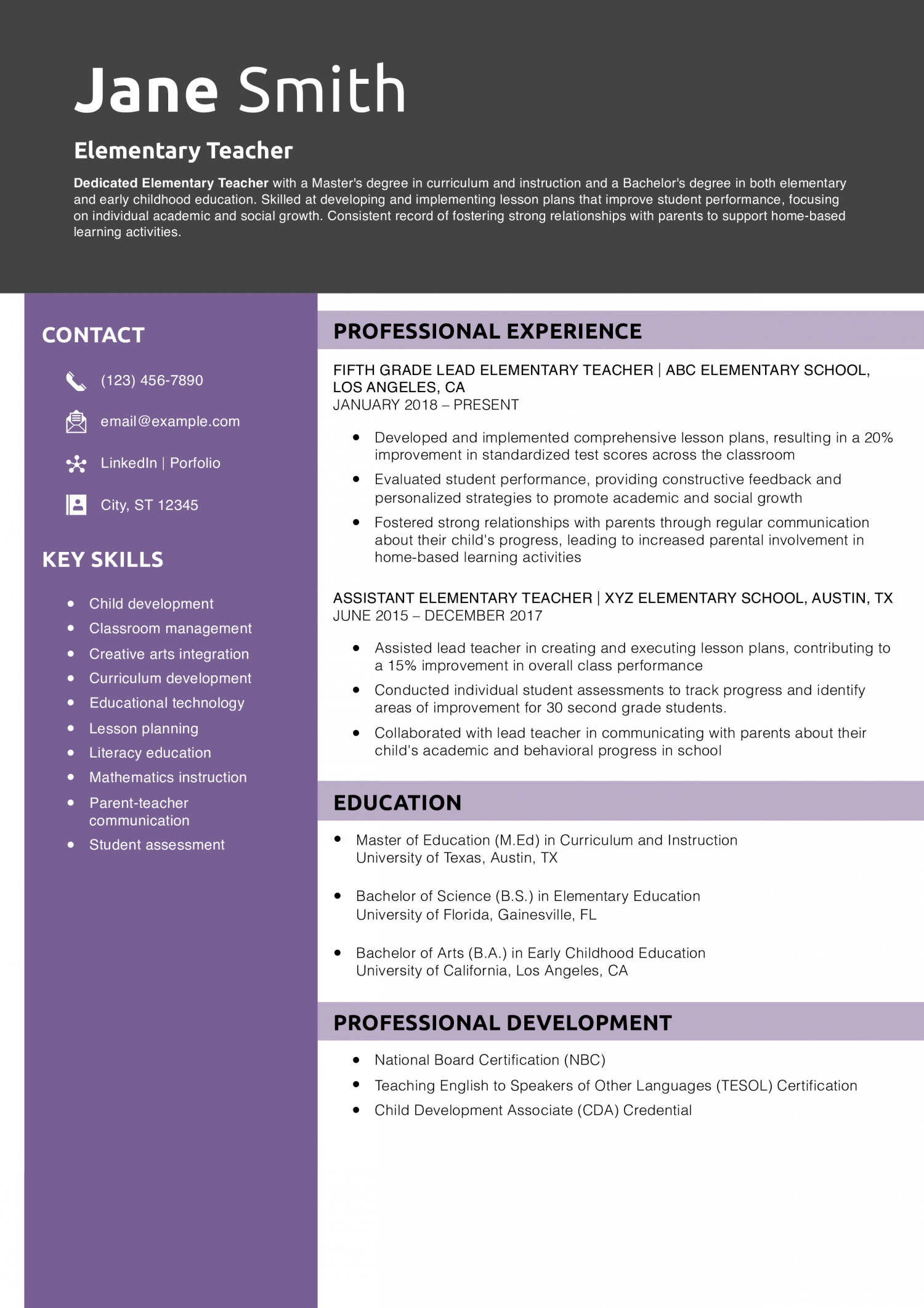 Elementary Teacher Resume Example