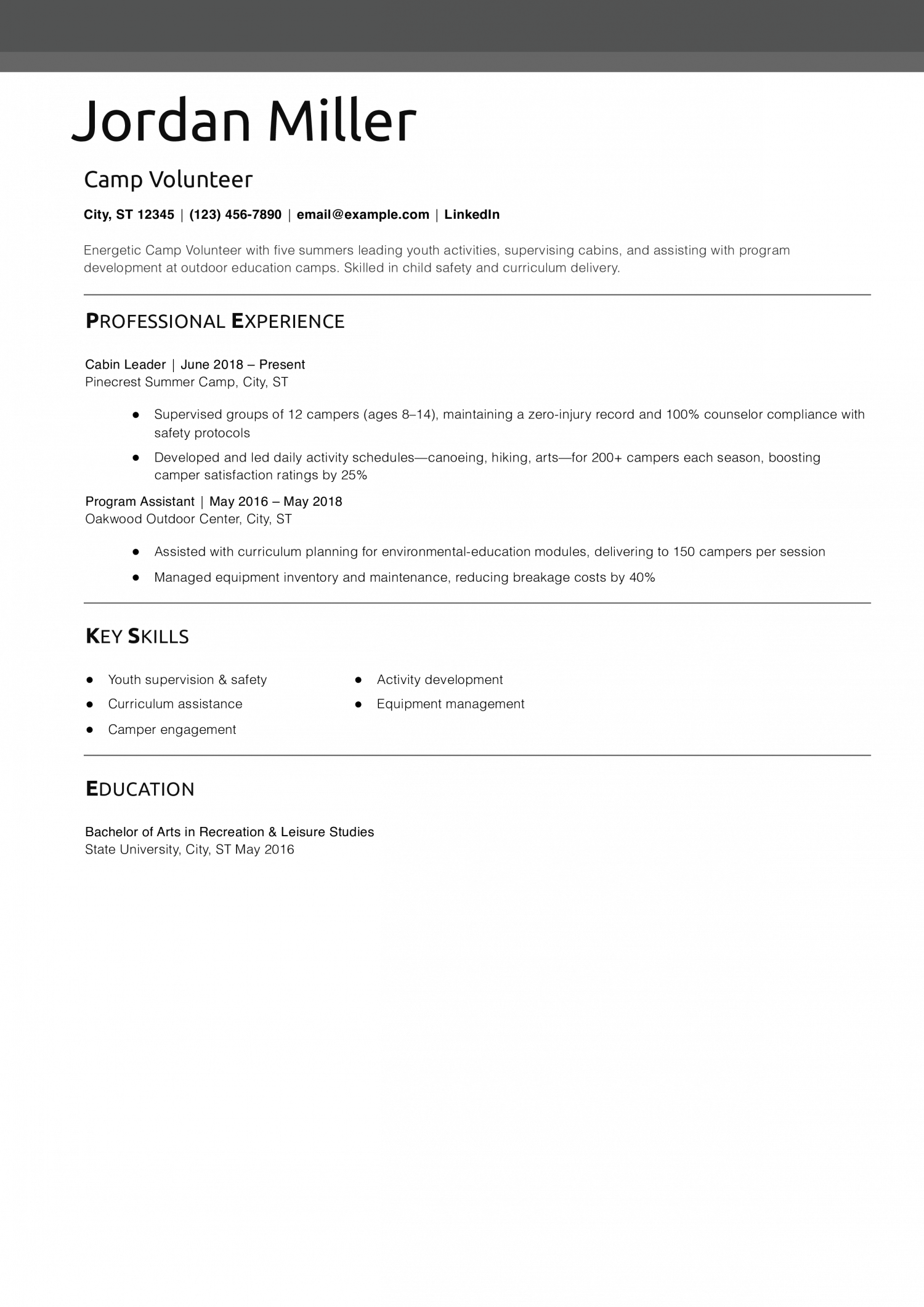 Camp Volunteer Resume Example