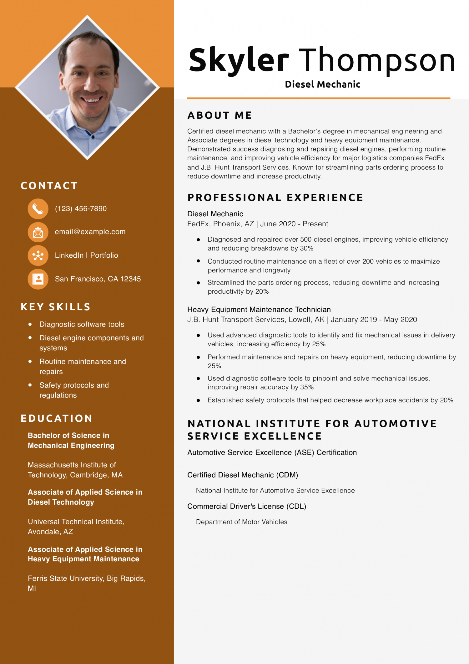 Diesel Mechanic Resume Example
