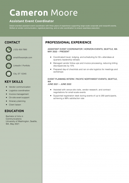 Assistant Event Coordinator Resume Example
