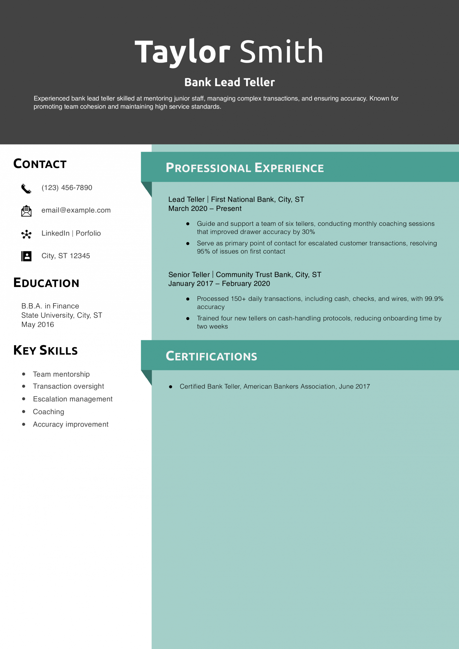 Bank Lead Teller Resume Example