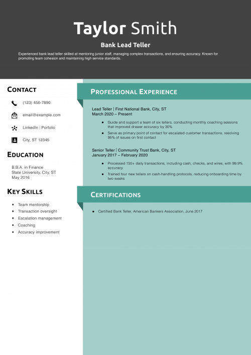 Bank Lead Teller Resume Example