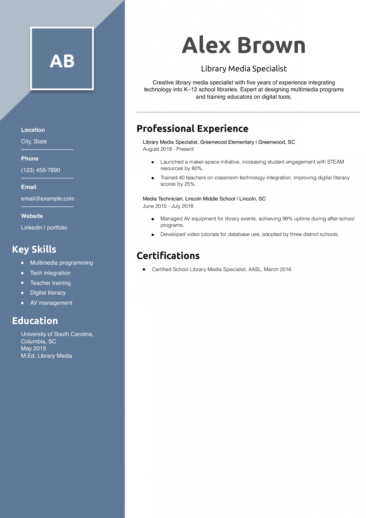 Library Media Specialist Resume Example