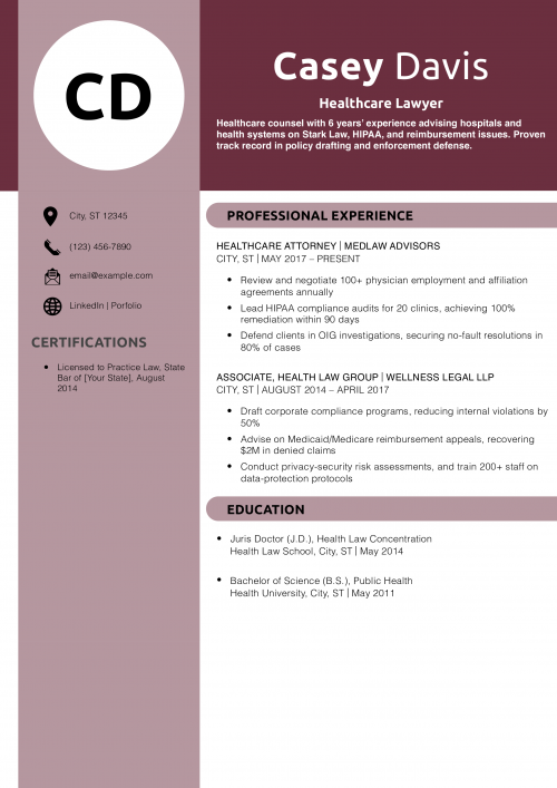 Healthcare Lawyer Resume Example