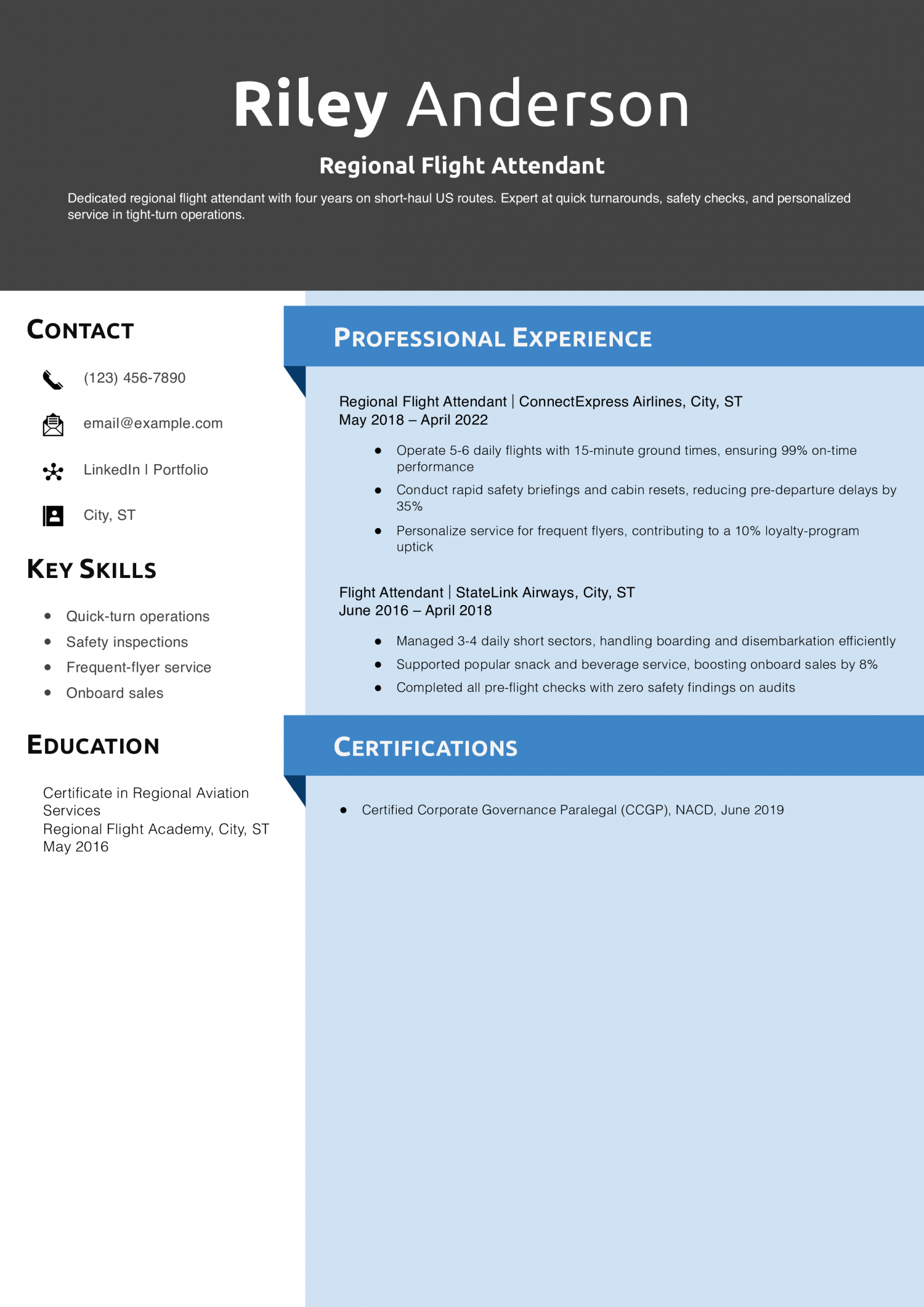 Regional Flight Attendant Resume Example