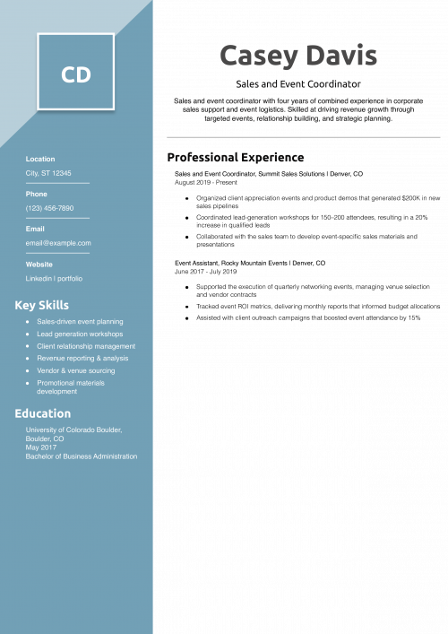 Sales and Event Coordinator Resume Example