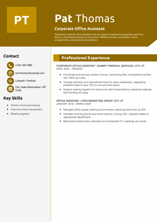 Corporate Office Assistant Resume Example
