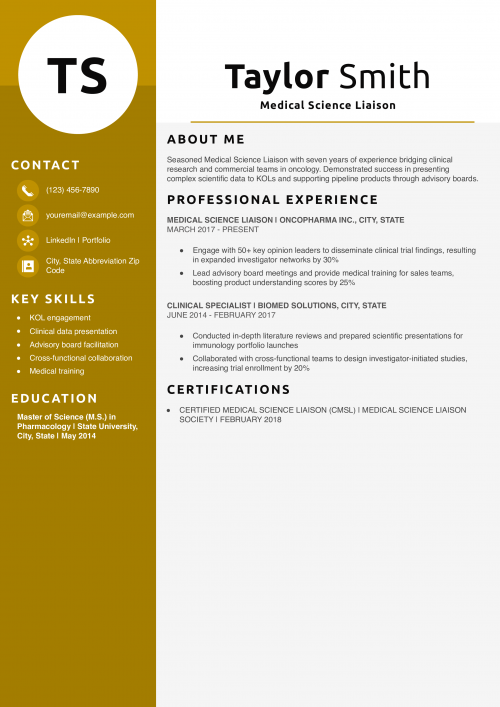 Medical Science Liaison Resume Example