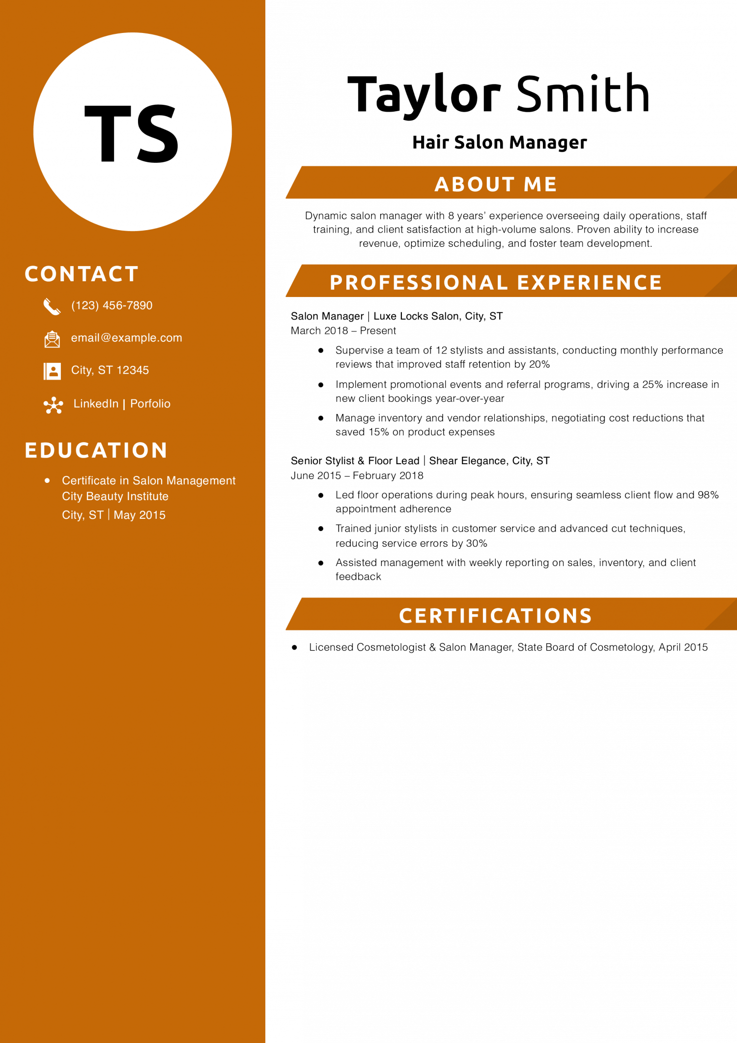 Hair Salon Manager Resume Example