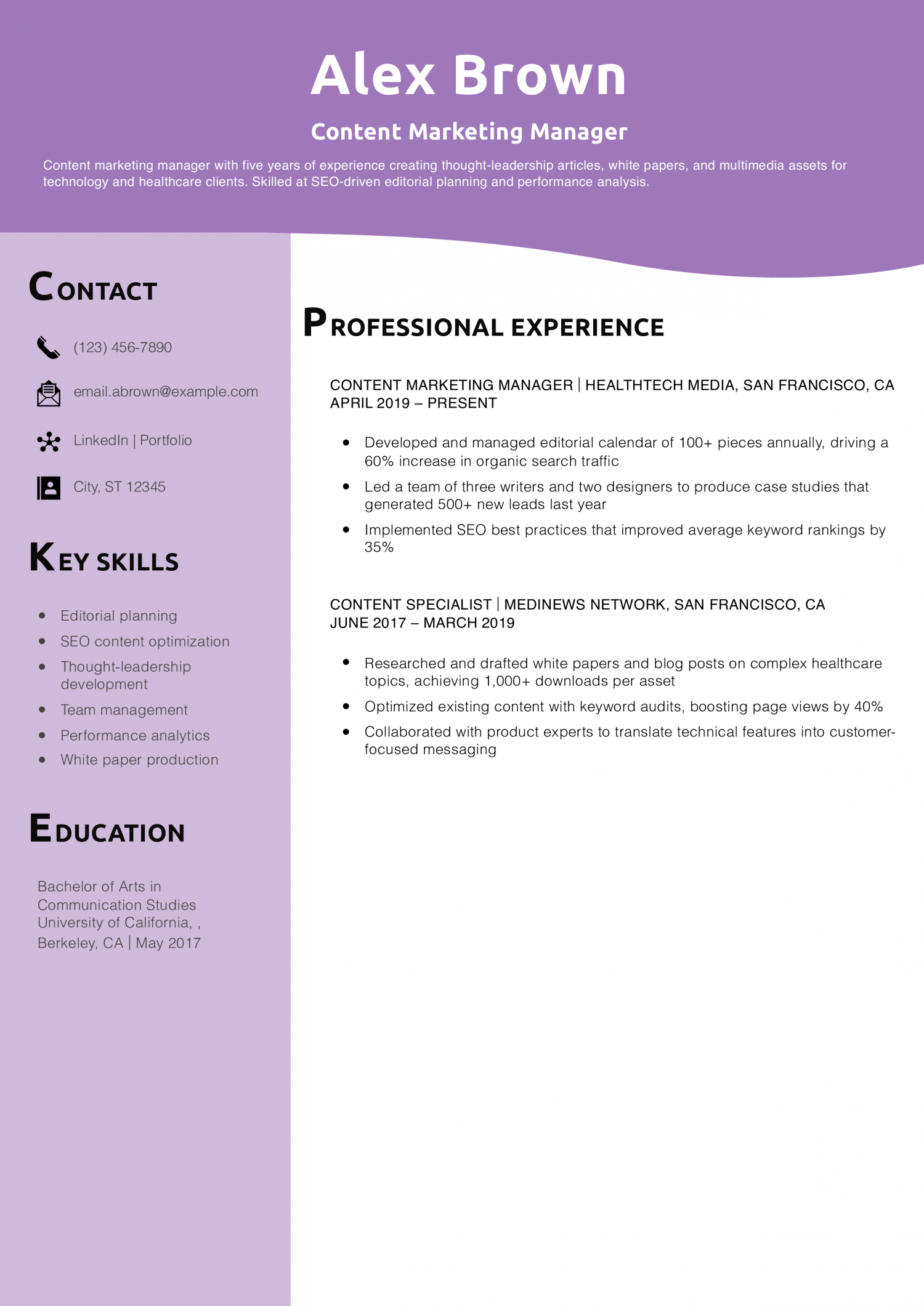 Content Marketing Manager Resume Example