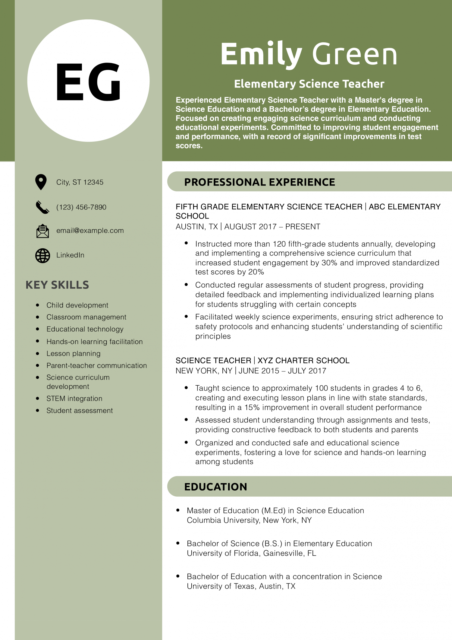 Elementary Science Teacher Resume Example