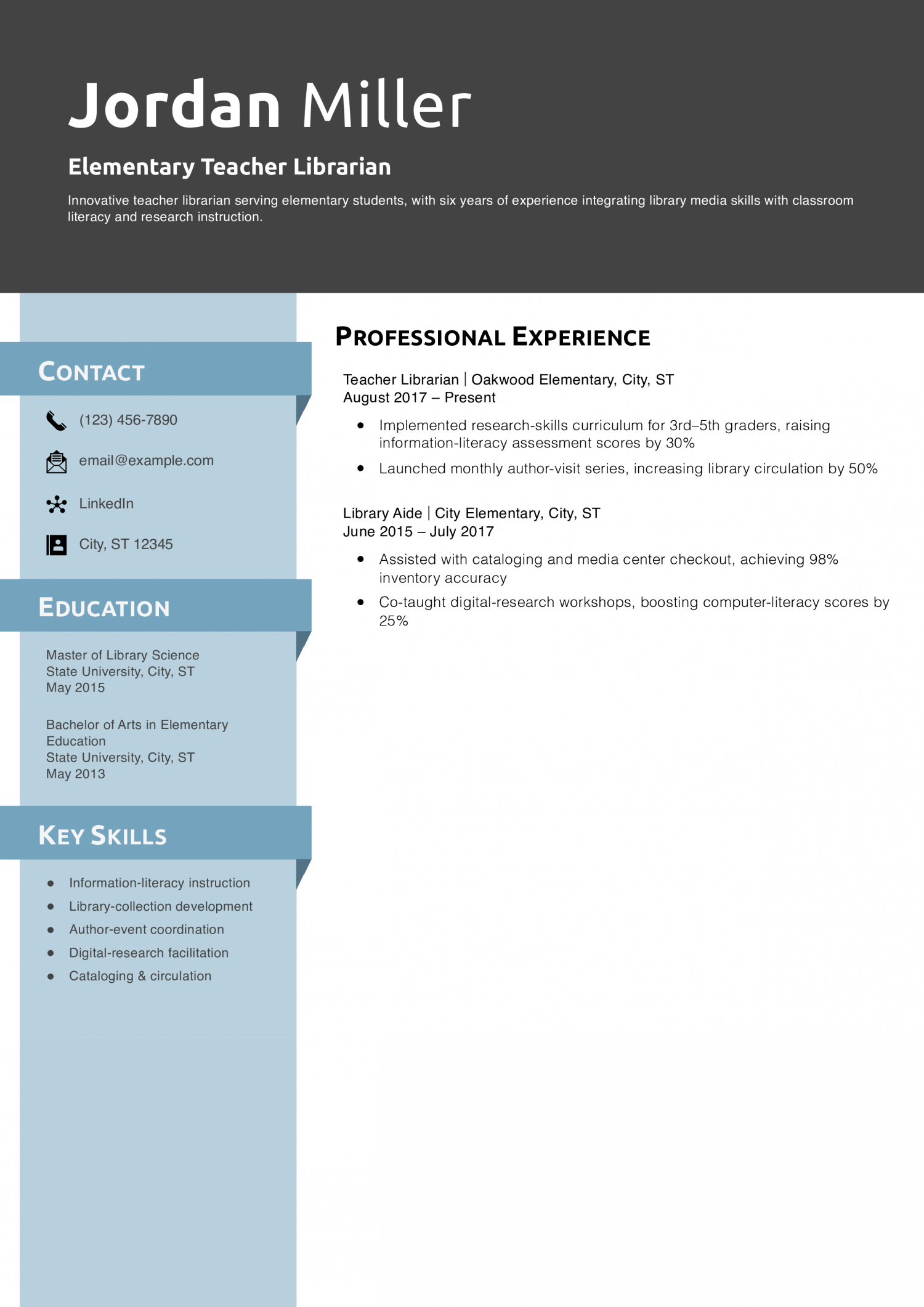 Elementary Teacher Librarian Resume Example