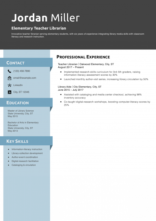 Elementary Teacher Librarian Resume Example
