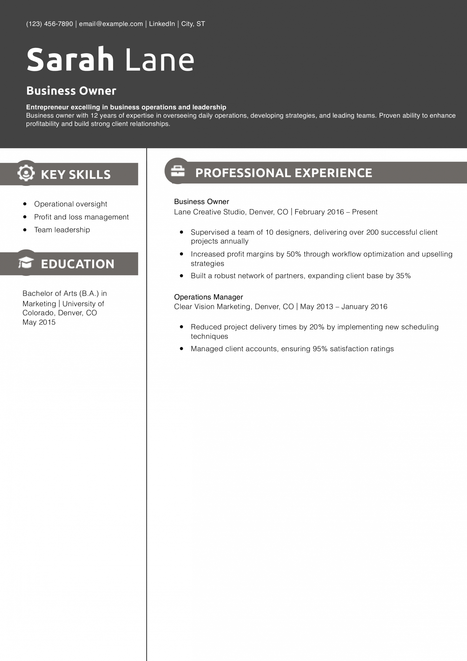 Business Owner Duties for Resume