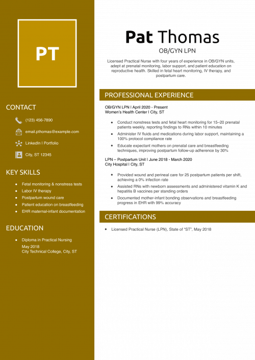 OB/GYN LPN Resume Example