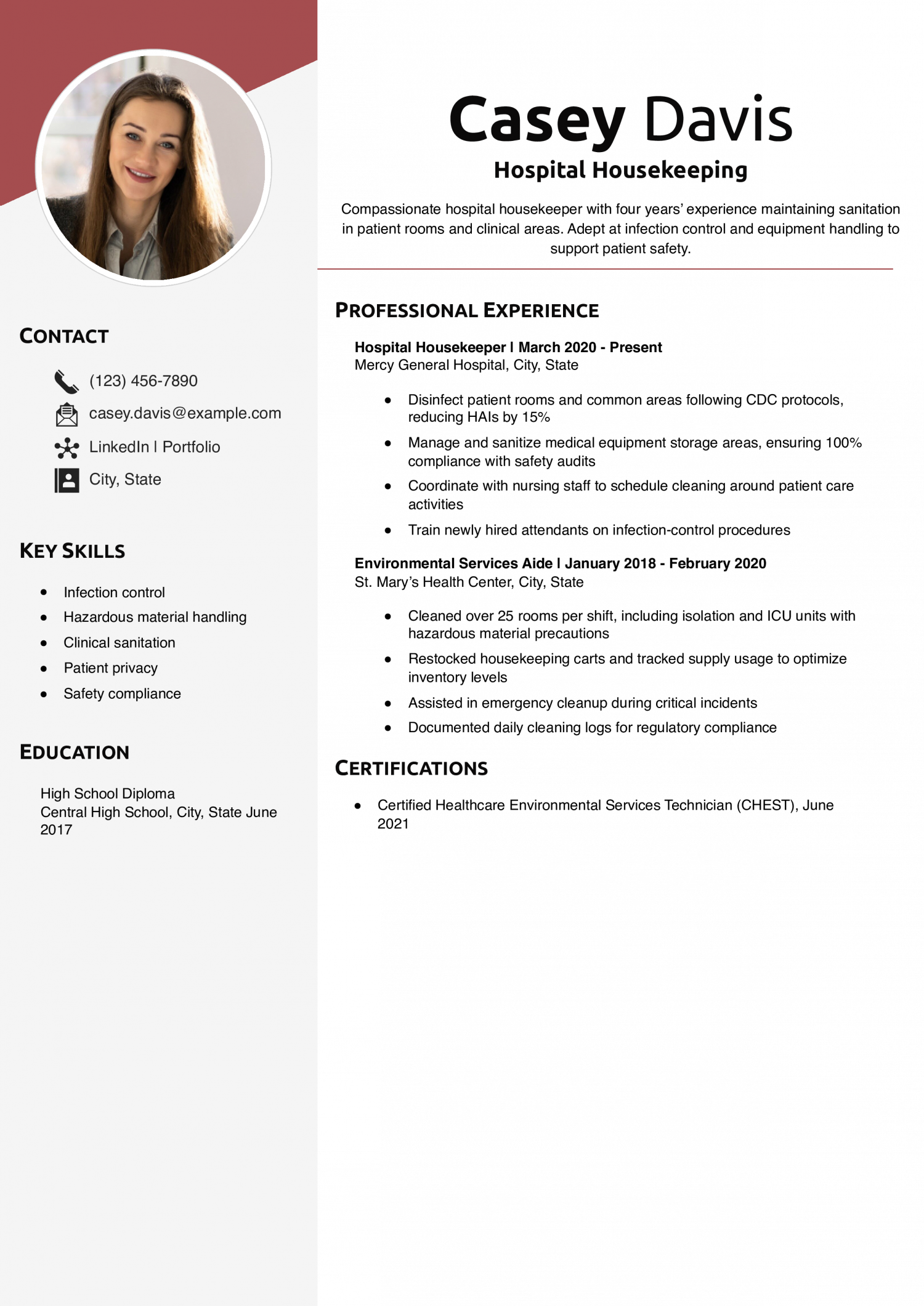 Hospital Housekeeping Resume Example