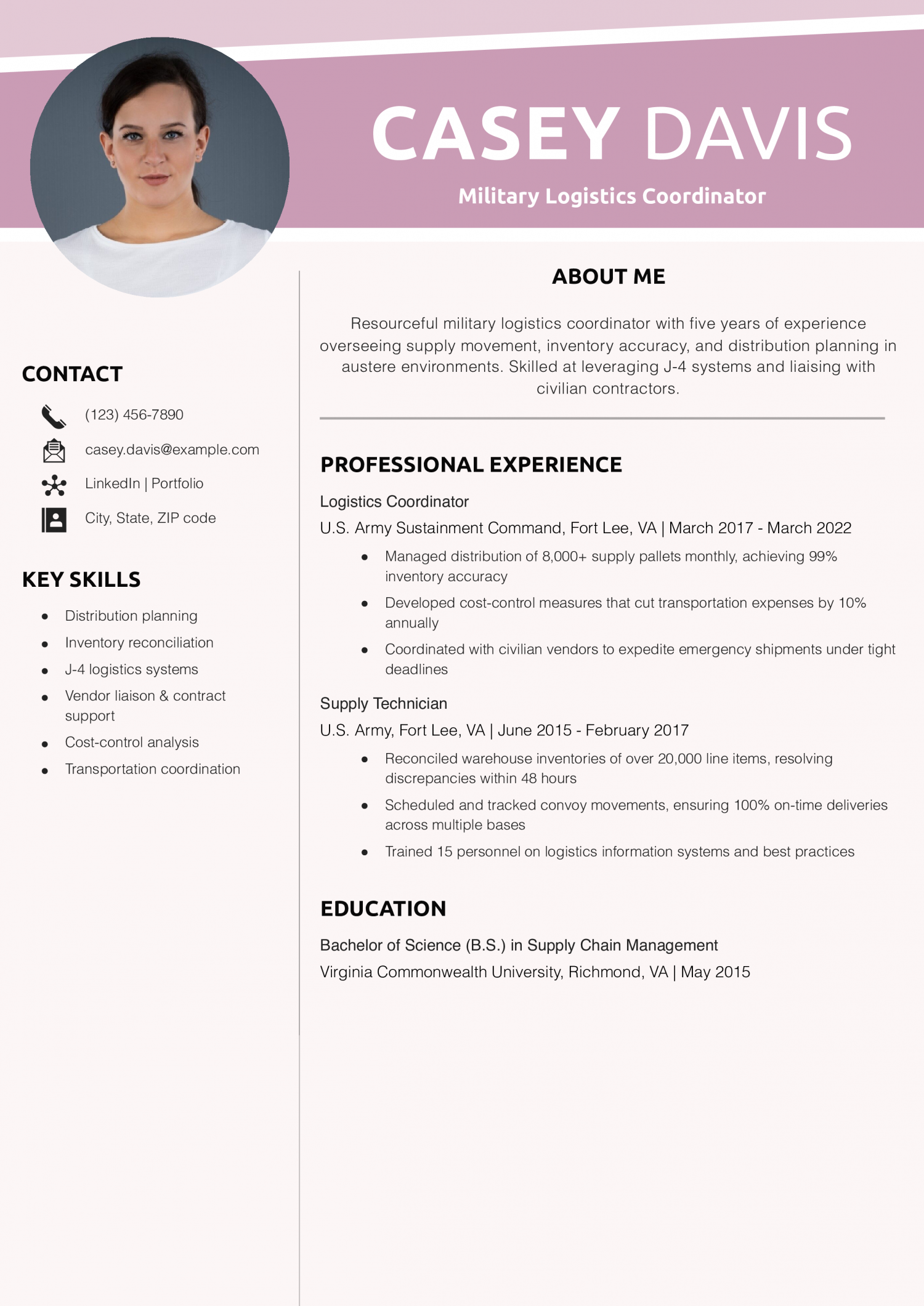 Military Logistics Coordinator Resume Example 