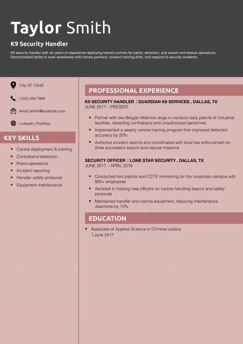K9 Security Handler Resume Example 