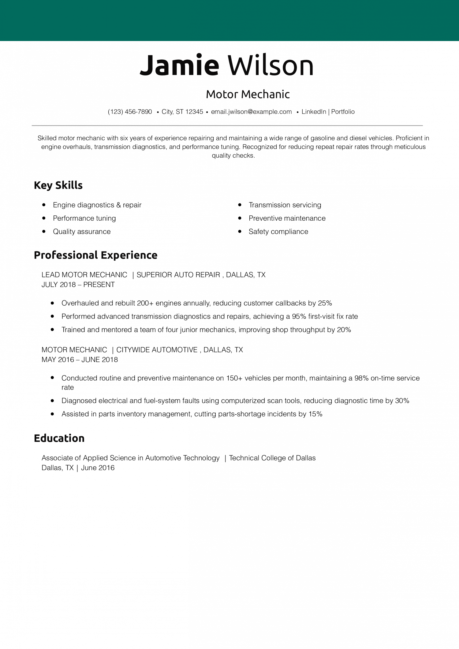 Motor Mechanic Resume Example