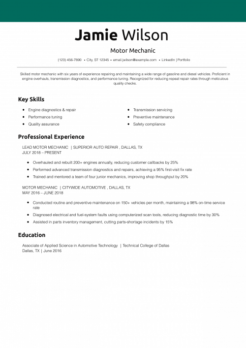 Motor Mechanic Resume Example 