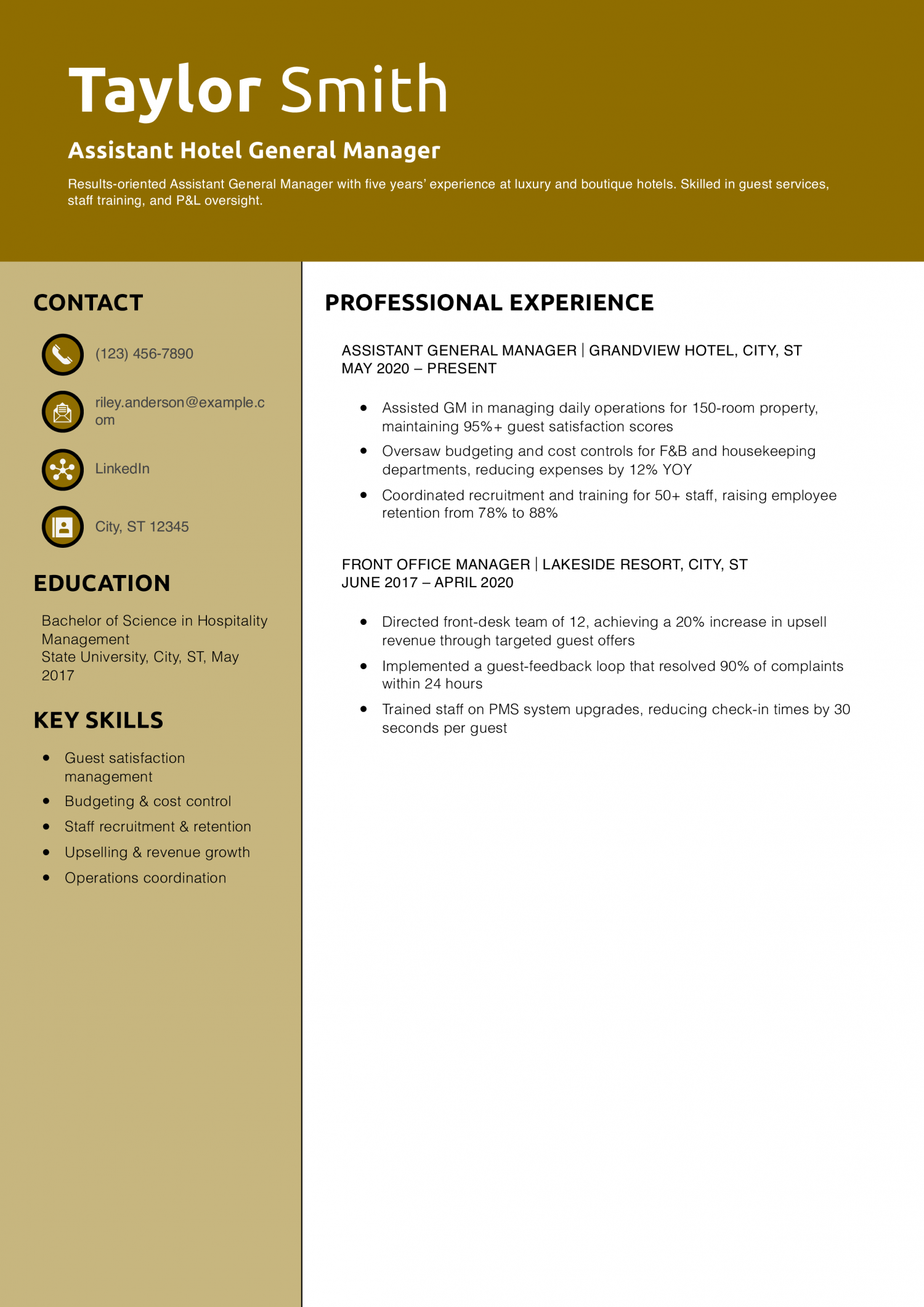 Assistant Hotel General Manager Resume Example