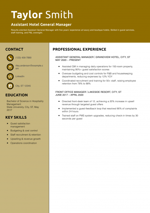 Assistant Hotel General Manager Resume Example