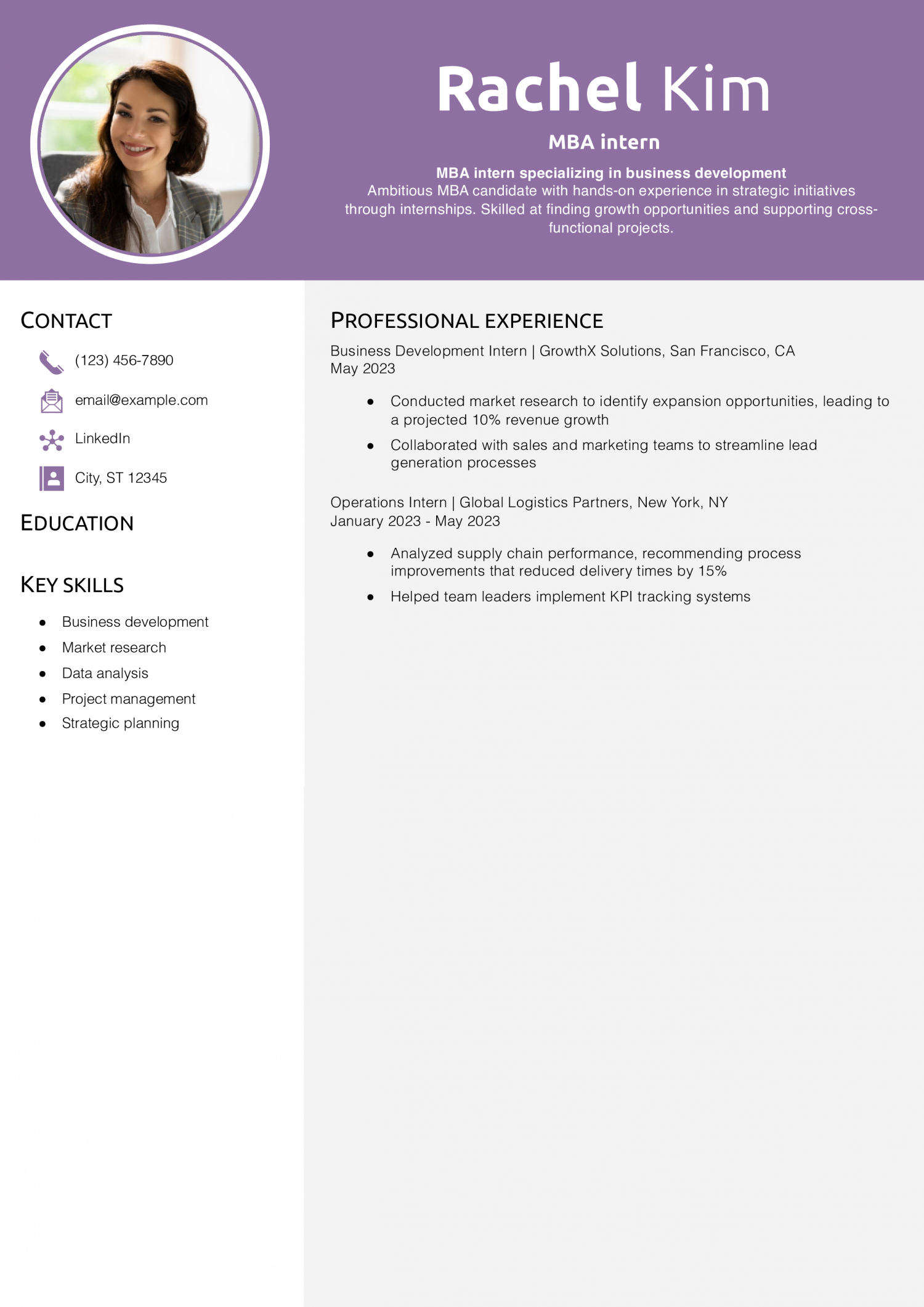 MBA intern resume example
