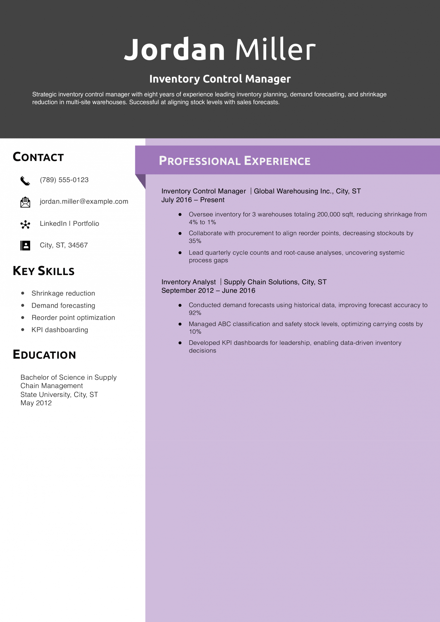 Inventory Control Manager Resume Example