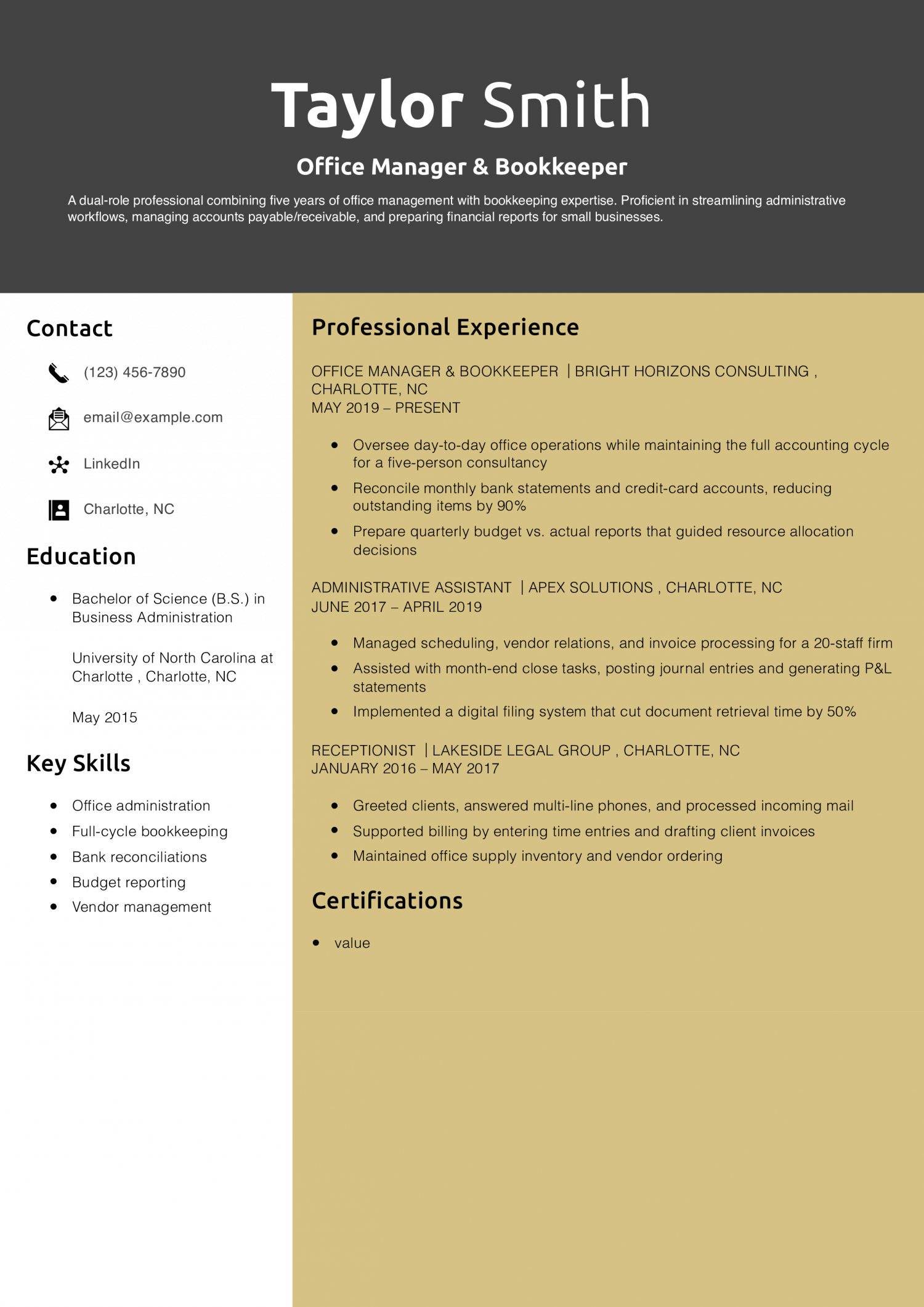 Office Manager & Bookkeeper Resume Example 