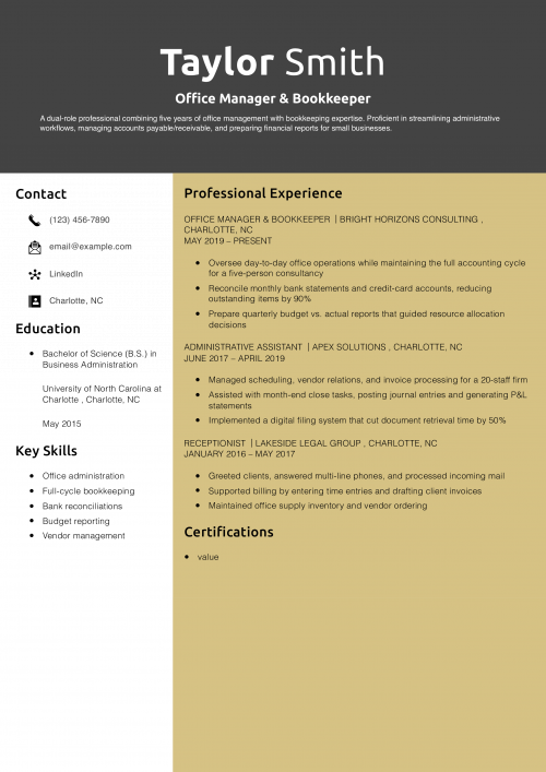 Office Manager & Bookkeeper Resume Example 