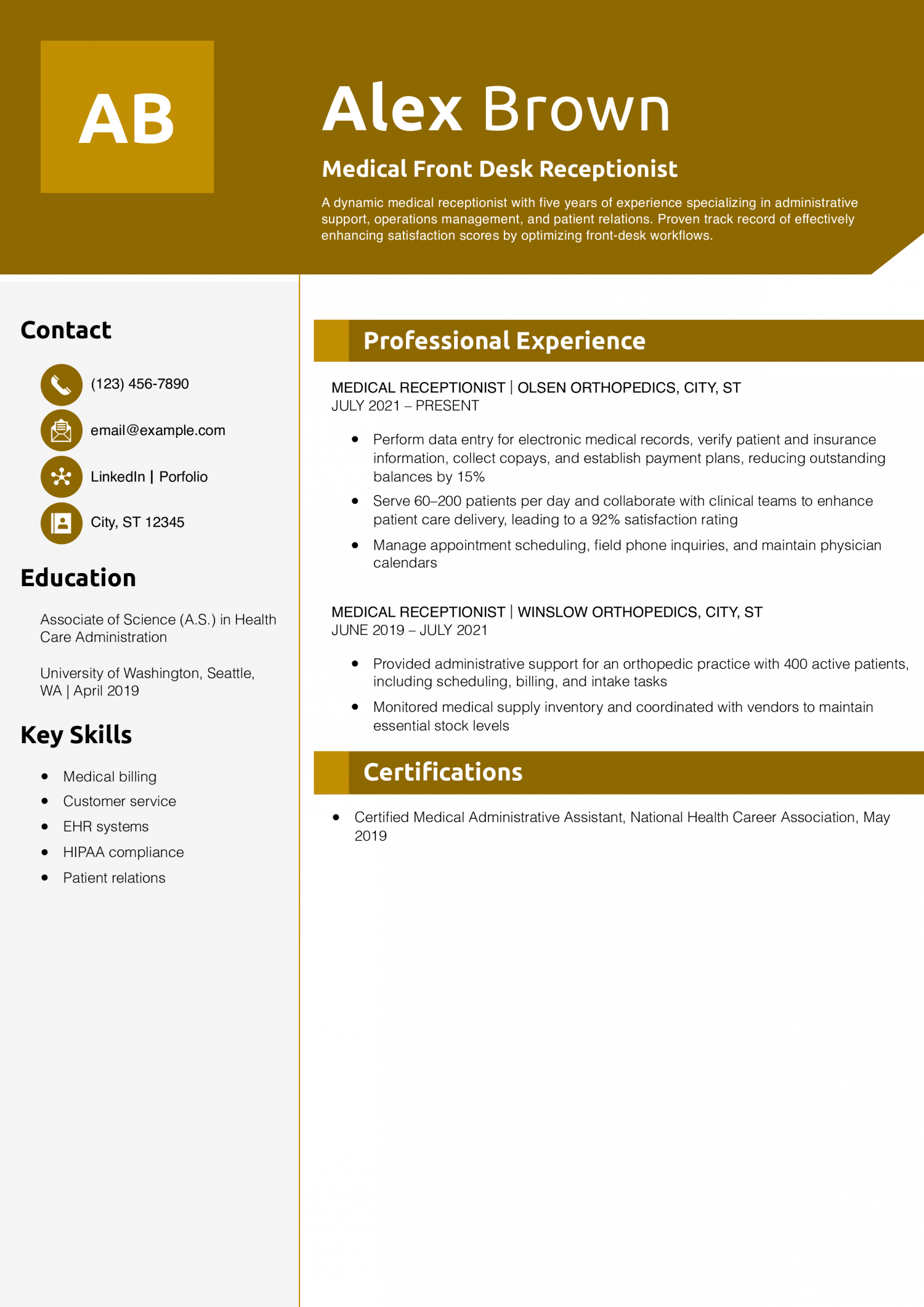 Medical Front Desk Receptionist Resume Example
