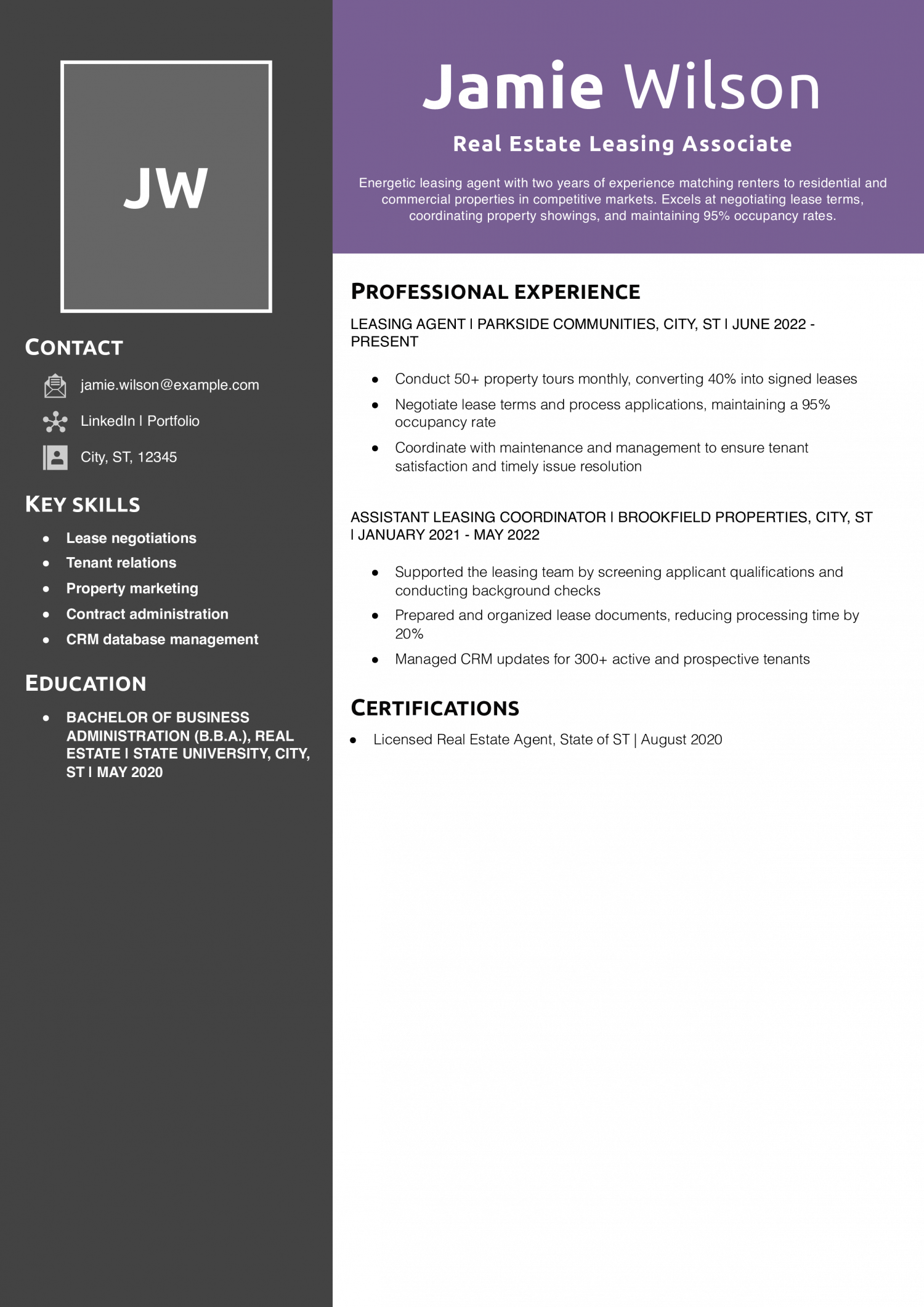 Real Estate Leasing Associate Resume Example
