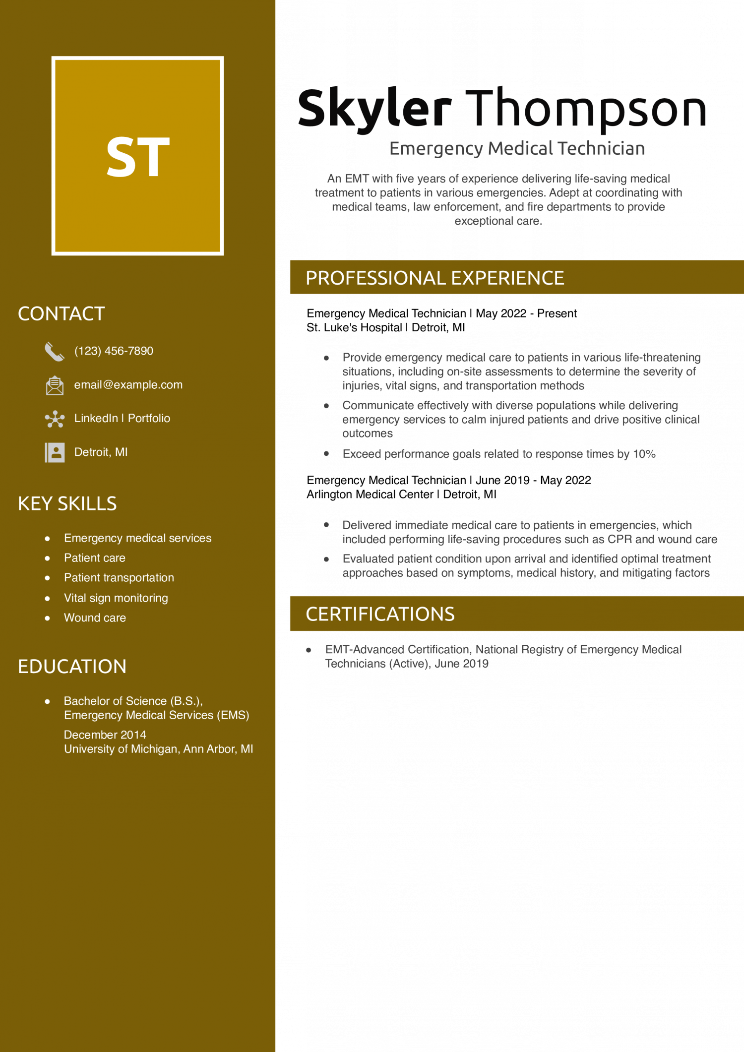Emergency Medical Technician Resume