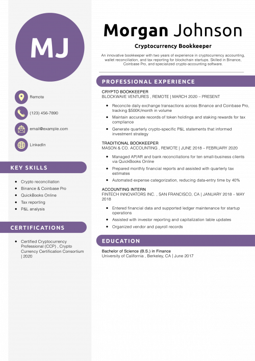 Cryptocurrency Bookkeeper Resume Example 