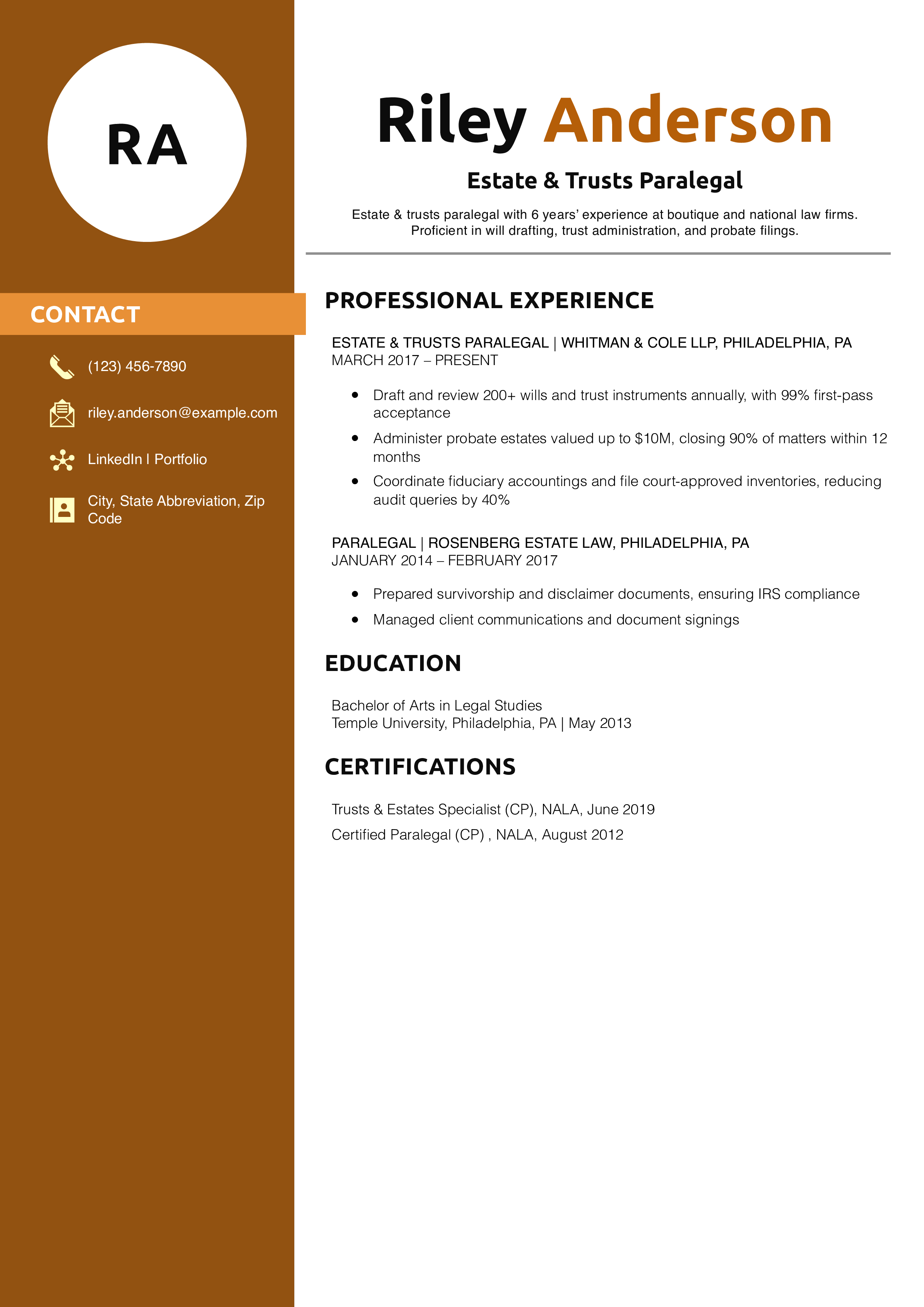 Estate & Trusts Paralegal Resume Example