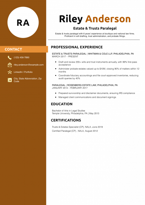 Estate & Trusts Paralegal Resume Example