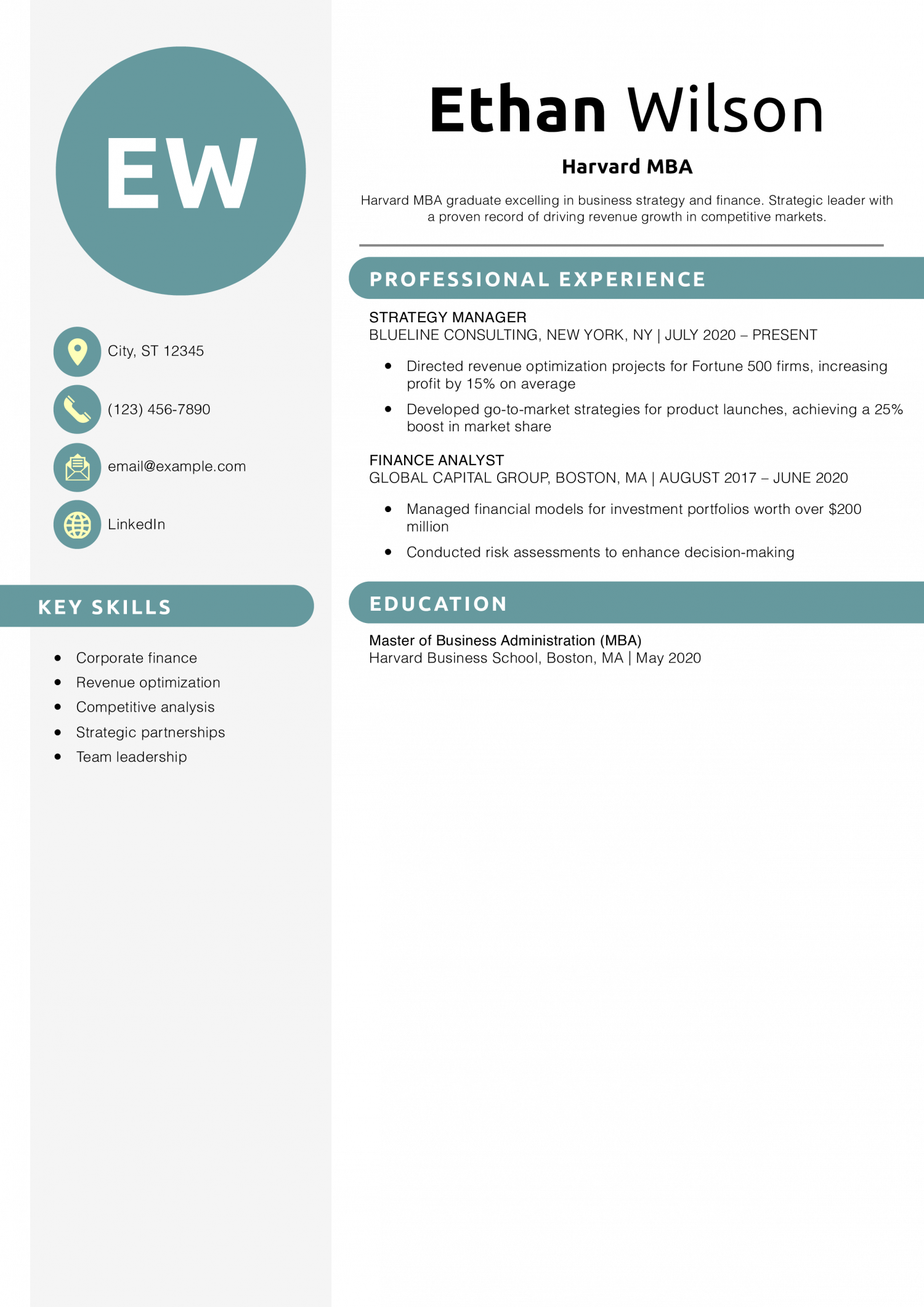 Harvard MBA resume example