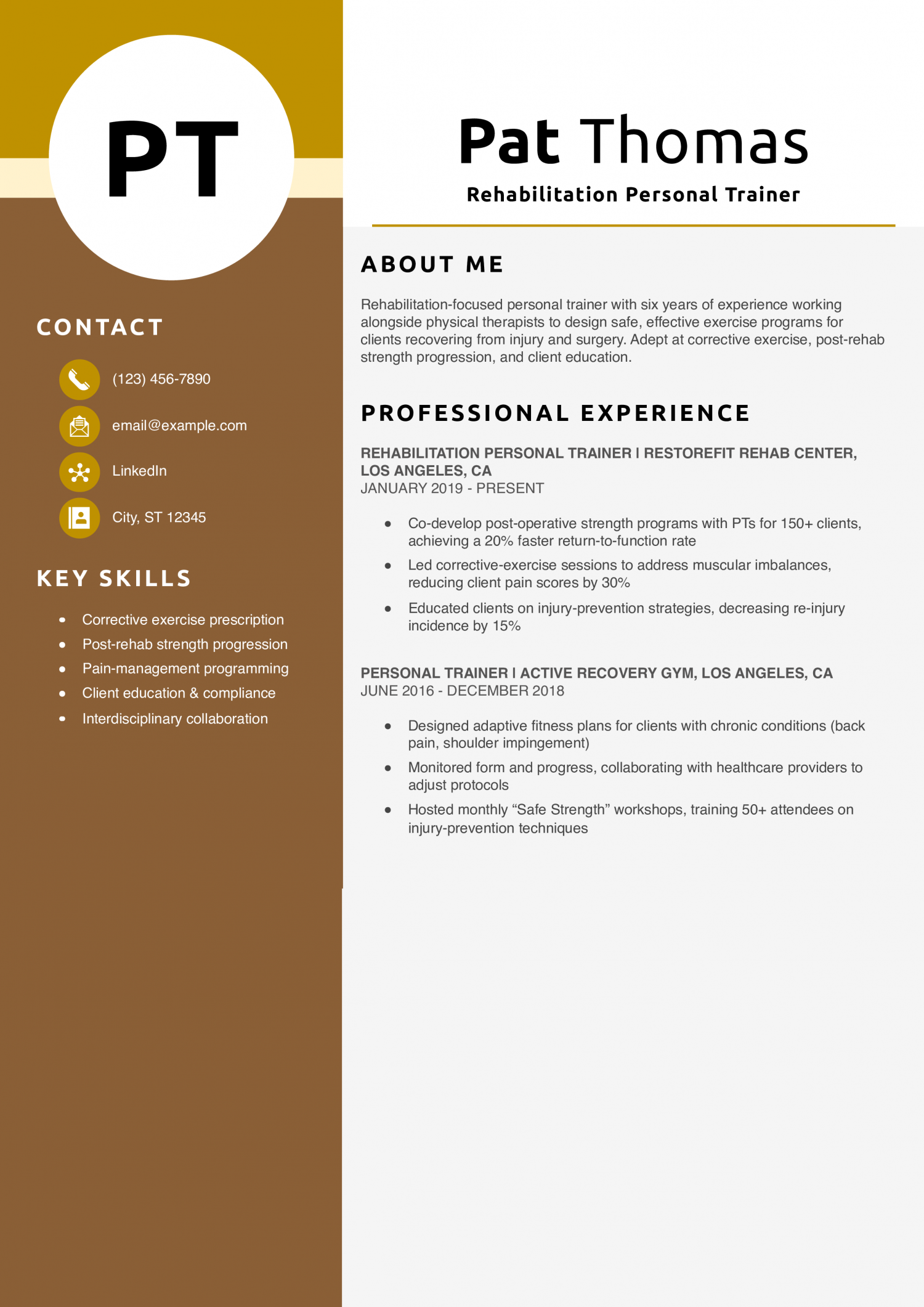 Rehabilitation Personal Trainer Resume Example