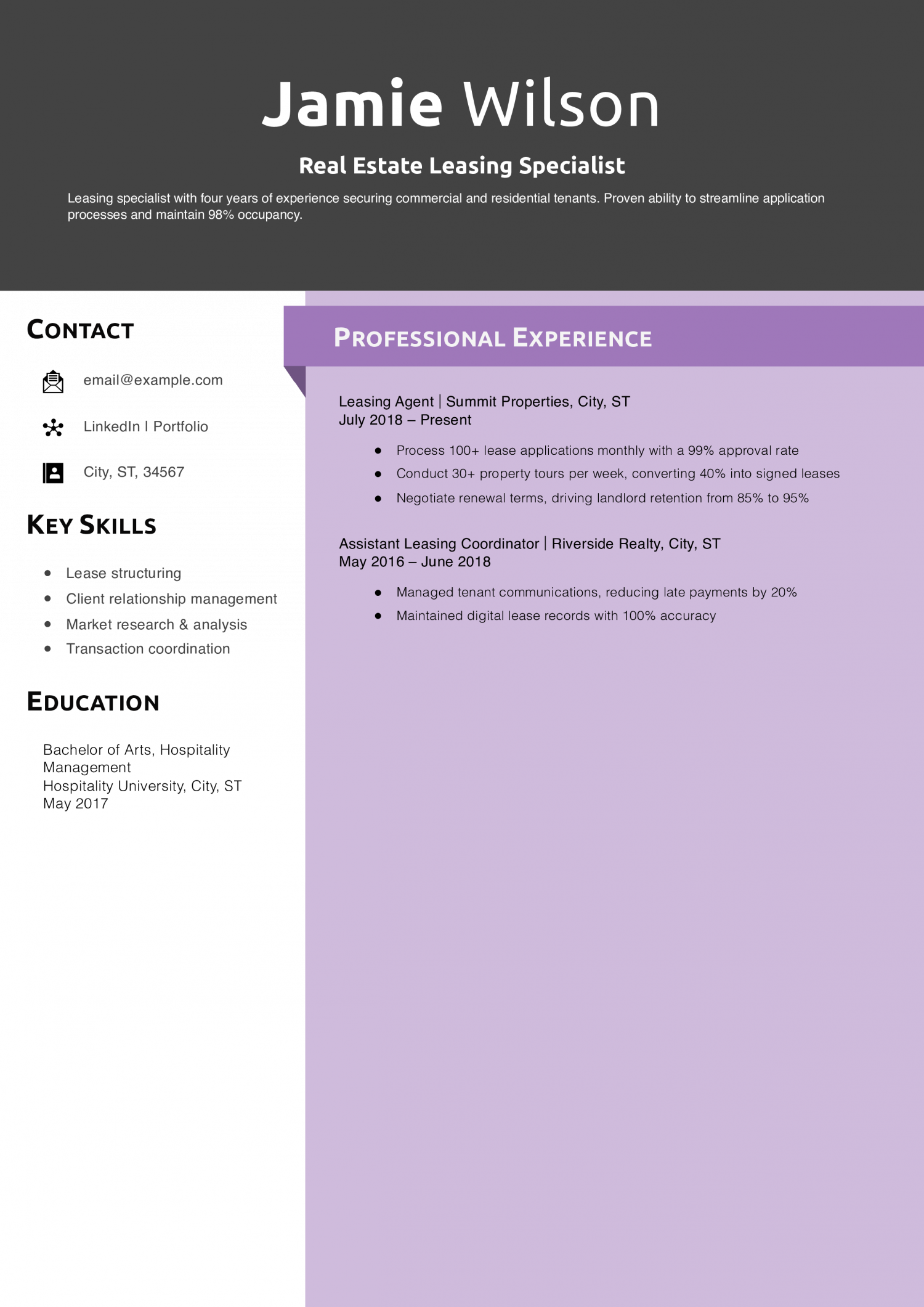 Real Estate Leasing Specialist Resume Example
