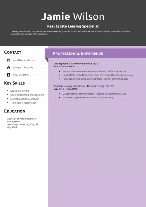 Real Estate Leasing Specialist Resume Example