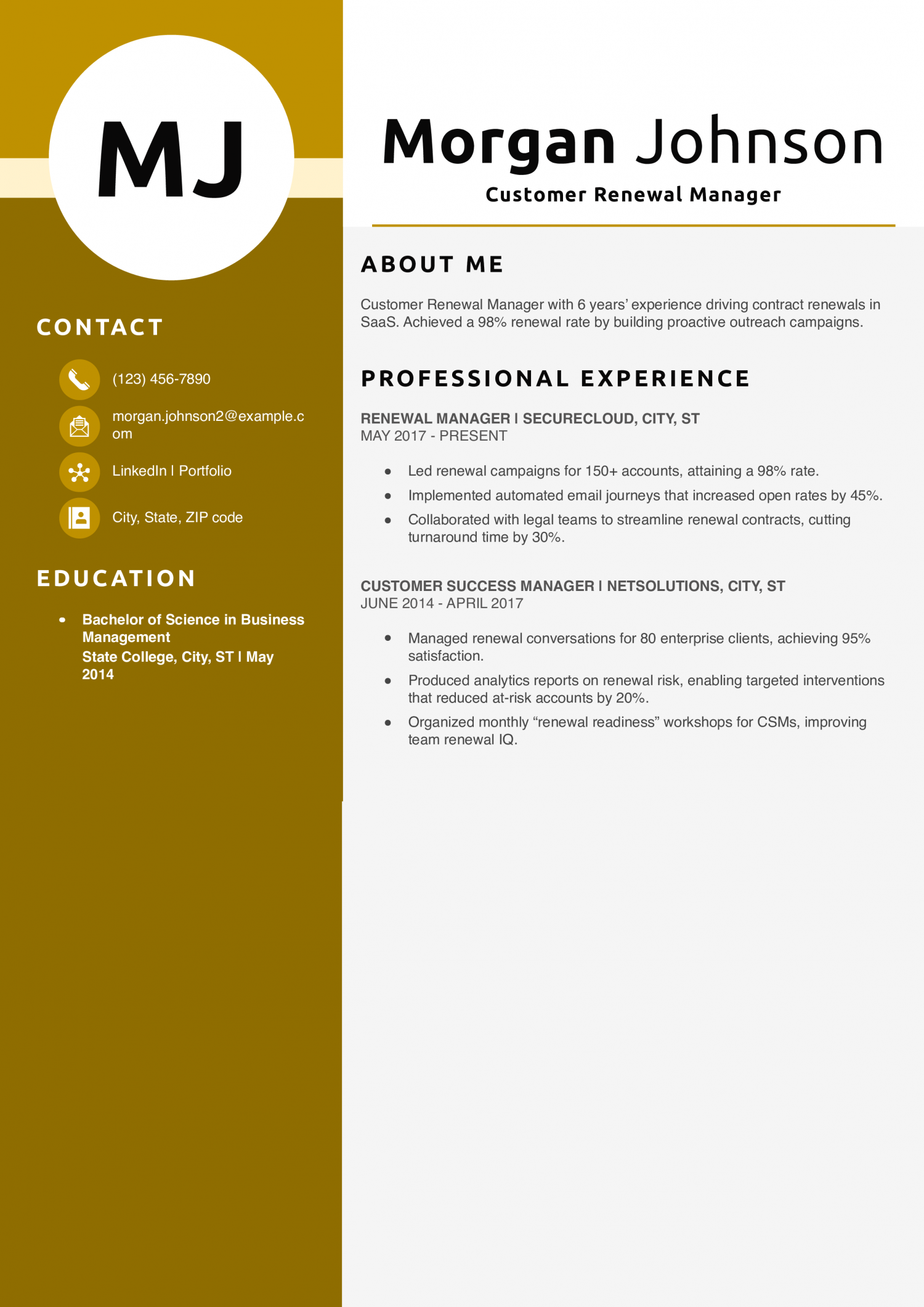 Customer Renewal Manager Resume Example